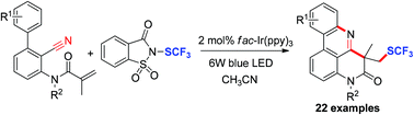 Graphical abstract: Visible-light-induced radical trifluoromethylthiolation of N-(o-cyanobiaryl)acrylamides