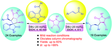 Graphical abstract: DBU-catalyzed [3 + 2] cycloaddition and Michael addition reactions of 3-benzylidene succinimides with 3-ylidene oxindoles and chalcones