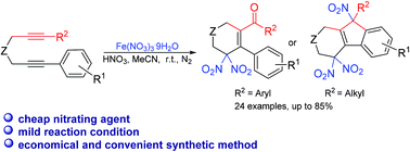 Graphical abstract: Synthesis of cyclic gem-dinitro compounds via radical nitration of 1,6-diynes with Fe(NO3)3·9H2O