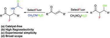 Graphical abstract: Catalyst-free regioselective hydroxyfluorination and aminofluorination of α,β-unsaturated ketones