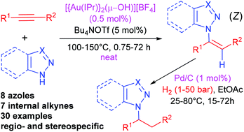 Graphical abstract: Gold(i) catalysed regio- and stereoselective intermolecular hydroamination of internal alkynes: towards functionalised azoles