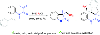 Graphical abstract: Catalyst-free and selective trifluoromethylative cyclization of acryloanilides using PhICF3Cl