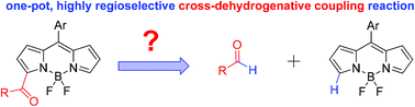 Graphical abstract: Highly regioselective α-formylation and α-acylation of BODIPY dyes via tandem cross-dehydrogenative coupling with in situ deprotection