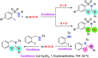 Graphical abstract: Cu(i) catalysed annulation of isothiocyanates/isocyanates with 2-iodo-sulfonamides: synthesis of benzodithiazines, benzothiadiazinones, benzothiazinylidene-anilines and benzothiazolylidene-anilines