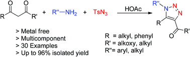 Graphical abstract: A simple route towards the synthesis of 1,4,5-trisubstituted 1,2,3-triazoles from primary amines and 1,3-dicarbonyl compounds under metal-free conditions