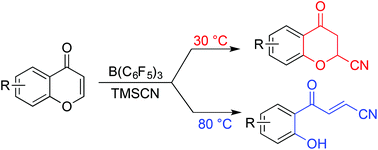 Graphical abstract: B(C6F5)3-catalyzed divergent cyanosilylations of chromones dependent on temperature