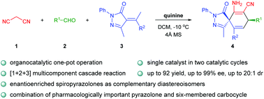 Graphical abstract: Enantio- and diastereoselective synthesis of spiropyrazolones via an organocatalytic [1 + 2 + 3] multicomponent reaction
