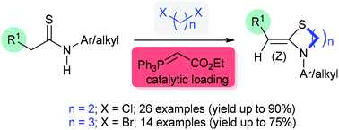 Graphical abstract: Phosphonium ylide catalysis: a divergent diastereoselective approach to synthesize cyclic ketene acetals [thia(zolidines/zinanes)] from β-ketothioamides and dihaloalkanes