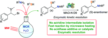 Graphical abstract: A facile and regioselective multicomponent synthesis of chiral aryl-1,2-mercaptoamines in water followed by monoamine oxidase (MAO-N) enzymatic resolution