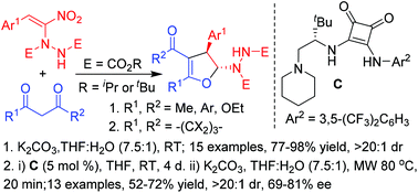 Graphical abstract: Stereoselective synthesis of hydrazinodihydrofurans via cascade Michael addition–substitution involving the reaction of curcumin and other β-dicarbonyls with α-hydrazinonitroalkenes