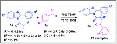 Graphical abstract: Metal-free oxidative acylation/cyclization of N-methacryloyl-2-phenylbenzoimidazole with aryl aldehydes: an easy access to benzimidazo[2,1-a]isoquinolin-6(5H)-ones
