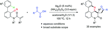 Graphical abstract: Decarboxylative cascade cyclization of α-keto acids with 2-cyano-3-arylaniline-derived acrylamides