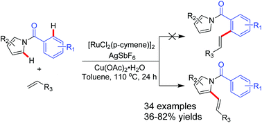 Graphical abstract: Direct oxidative coupling of N-acyl pyrroles with alkenes by ruthenium(ii)-catalyzed regioselective C2-alkenylation