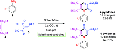 Graphical abstract: Substituent-controlled chemoselective synthesis of multi-substituted pyridones via a one-pot three-component cascade reaction