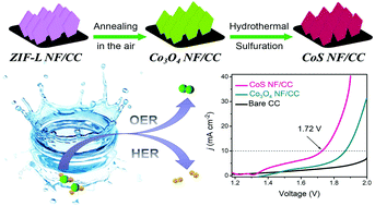 Graphical abstract: Self-ZIF template-directed synthesis of a CoS nanoflake array as a Janus electrocatalyst for overall water splitting