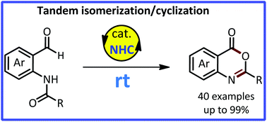Graphical abstract: A carbene-catalyzed tandem isomerization/cyclisation strategy: an efficient assembly of benzoxazinones