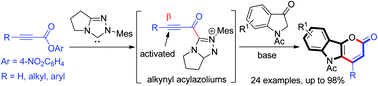Graphical abstract: N-Heterocyclic carbene-catalyzed formal [3 + 3] annulation of alkynoic acid esters with indolin-3-ones: access to functionalized pyrano[3,2-b]indol-2-ones