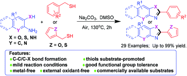 Graphical abstract: Thiol substrate-promoted dehydrogenative cyclization of arylmethyl thiols with ortho-substituted amines: a universal approach to heteroaromatic compounds