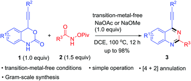 Graphical abstract: A concise construction of 4-alkynylquinazolines via [4 + 2] annulation of 4-alkynylbenzoxazinanones with acylhydroxamates under transition-metal-free conditions