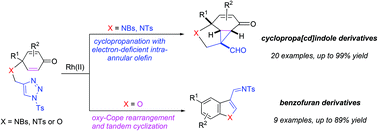 Graphical abstract: Rhodium(ii)-catalyzed divergent intramolecular tandem cyclization of N- or O-tethered cyclohexa-2,5-dienones with 1-sulfonyl-1,2,3-triazole: synthesis of cyclopropa[cd]indole and benzofuran derivatives