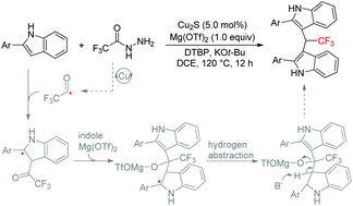 Graphical abstract: Copper-catalyzed synthesis of trifluoromethylated bis(indolyl)arylmethanes from 2-arylindoles and 2,2,2-trifluoroacetohydrazide