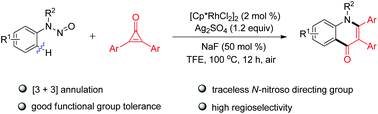 Graphical abstract: Rhodium(iii)-catalyzed [3 + 3] annulation reactions of N-nitrosoanilines and cyclopropenones: an approach to functionalized 4-quinolones