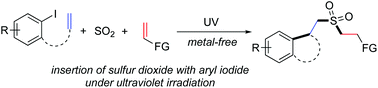 Graphical abstract: Metal-free insertion of sulfur dioxide with aryl iodides under ultraviolet irradiation: direct access to sulfonated cyclic compounds