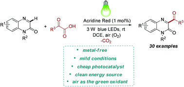 Graphical abstract: Visible-light-promoted acridine red catalyzed aerobic oxidative decarboxylative acylation of α-oxo-carboxylic acids with quinoxalin-2(1H)-ones