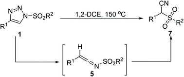 Graphical abstract: Synthesis of α-cyano sulfone via thermal rearrangement of 1,4-disubstituted triazole mediated by carbene and radical species