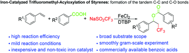 Graphical abstract: Iron-catalyzed three-component intermolecular trifluoromethyl-acyloxylation of styrenes with NaSO2CF3 and benzoic acids