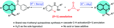 Graphical abstract: Synthesis of 4-ethenyl quinazolines via rhodium(iii)-catalyzed [5 + 1] annulation reaction of N-arylamidines with cyclopropenones