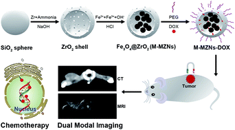 Graphical abstract: Modified core–shell magnetic mesoporous zirconia nanoparticles formed through a facile “outside-to-inside” way for CT/MRI dual-modal imaging and magnetic targeting cancer chemotherapy