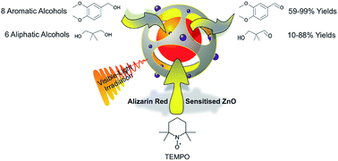 Graphical abstract: Enhancing the photo-efficacy of an organic visible-light-activated chromophore (alizarin red S) on zinc oxide with a Ag–Na electrolyte to photo-transform aromatic and aliphatic alcohols