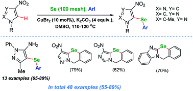 Graphical abstract: Copper-catalyzed direct C–H arylselenation of 4-nitro-pyrazoles and other heterocycles with selenium powder and aryl iodides. Access to unsymmetrical heteroaryl selenides