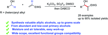 Graphical abstract: SO2F2 mediated cascade dehydrogenative Morita–Baylis–Hillman reaction of the C(sp3)–H of primary alcohols with the C(sp2)–H of electron-deficient olefins for the assembly of allylic alcohols