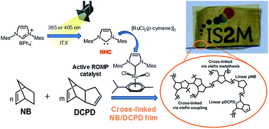 Graphical abstract: Combining a ligand photogenerator and a Ru precatalyst: a photoinduced approach to cross-linked ROMP polymer films