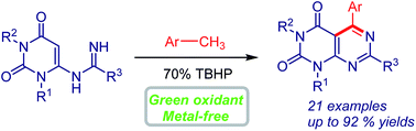 Graphical abstract: TBHP-mediated oxidative synthesis of substituted pyrimido[4,5-d]pyrimidines from N-uracil amidines and methylarenes under metal free conditions