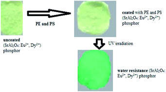 Graphical abstract: The effect of the surface coating of a strontium mono-aluminate europium dysprosium-based (SrAl2O4:Eu2+,Dy3+) phosphor by polyethylene (PE), polystyrene (PS) and their dual system on the photoluminescence properties of the pigment