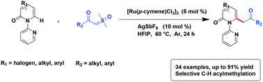 Graphical abstract: Ru(ii)-catalyzed C6-selective C–H acylmethylation of pyridones using sulfoxonium ylides as carbene precursors