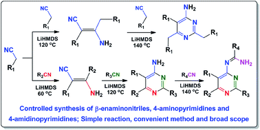 Graphical abstract: Temperature controlled condensation of nitriles: efficient and convenient synthesis of β-enaminonitriles, 4-aminopyrimidines and 4-amidinopyrimidines in one system
