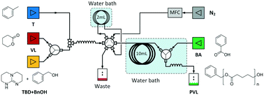 Graphical abstract: Kinetic study of TBD catalyzed δ-valerolactone polymerization using a gas-driven droplet flow reactor