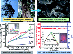 Graphical abstract: Hierarchical porous carbon derived from eucalyptus-bark as a sustainable electrode for high-performance solid-state supercapacitors