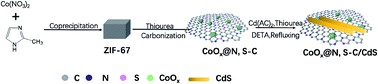 Graphical abstract: The synergetic effect of N, S-codoped carbon and CoOx nanodots derived from ZIF-67 as a highly efficient cocatalyst over CdS nanorods