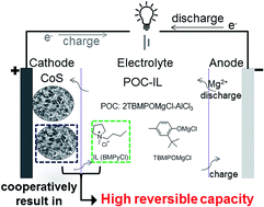 Graphical abstract: Using CoS cathode materials with 3D hierarchical porosity and an ionic liquid (IL) as an electrolyte additive for high capacity rechargeable magnesium batteries