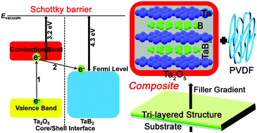 Graphical abstract: A rational design for reconciling high permittivity and breakdown strength in layered PVDF composites from TaB2@Ta2O5 nanofiller induced Schottky barrier effect