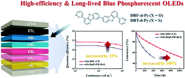 Graphical abstract: Dibenzo[b,d]furan and dibenzo[b,d]thiophene molecular dimers as hole blocking materials for high-efficiency and long-lived blue phosphorescent organic light-emitting diodes