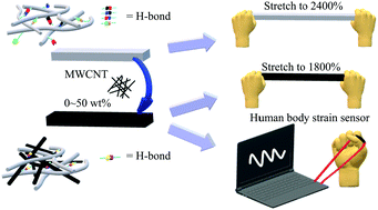 Graphical abstract: Highly-stretchable, self-healable random copolymers for loading large amounts of multiwall carbon nanotubes (MWCNTs) for the preparation of stretchable and healable electric sensors