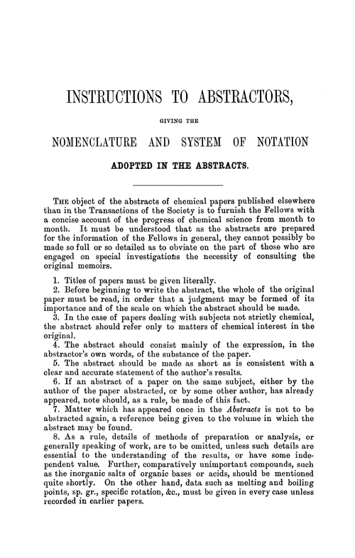 Instructions to abstractors, giving the nomenclature and system of notation, adopted in the abstracts