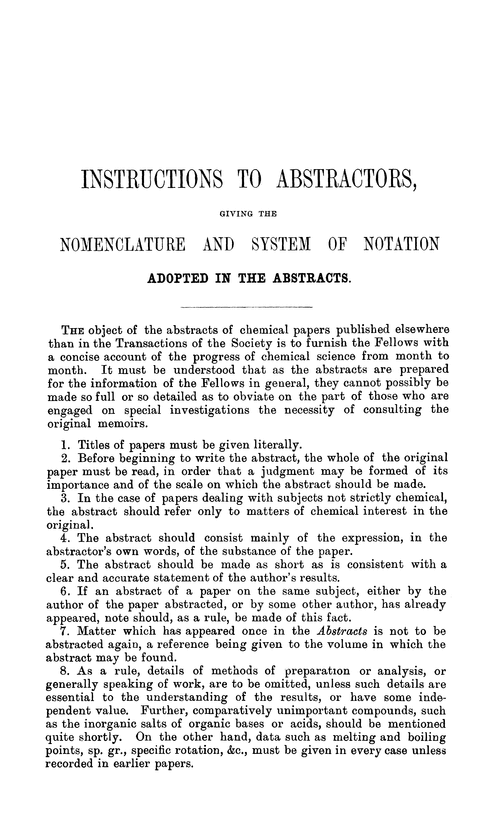Instructions to abstractors, giving the nomenclature and the system of notation, adopted in the abstracts