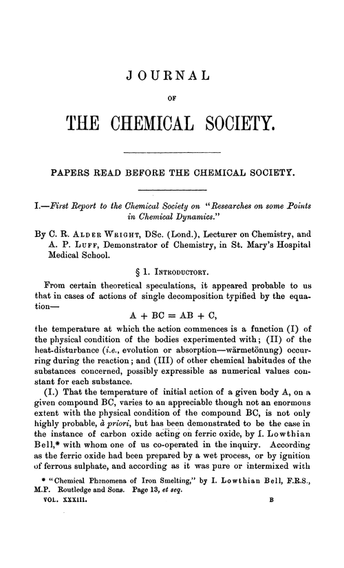 I.—First report to the Chemical Society on “researches on some points in chemical dynamics.”